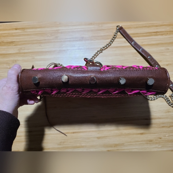 Rebecca Minkoff Pink/Brown Leather Woven Crossbody Gold Stud and Chain Accents. - Picture 7 of 11